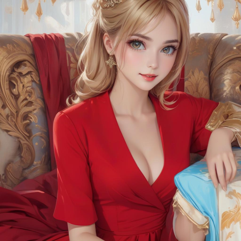  concept art highest quality, ultra high resolution, (photorealistic: 1.4),40 woman, beautiful eyes, very beautiful, blonde beautiful, eyes inviting to view, eyes of a lover, alluring facial expression, smile, perfect style, perfect balance, detailed skin, eyes, glamorous , in a red dress , a lot money, sitting full length on the throne. гламурный постер . digital artwork, ilrative, painterly, matte painting, highly detailed, sticker