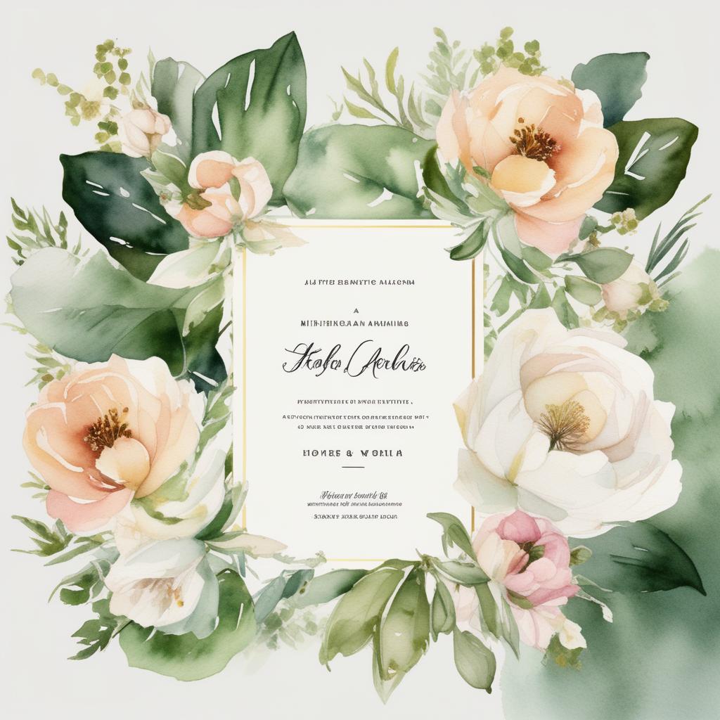  create a beautiful, highly detailed, elegant and luxuriously detailed watercolor wedding invitation with flowers and green leaves. in the middle, a large white area for the text of the invitation. the invitation should have a very nice elegant and luxurious miniature flower arrangement with lots of beautiful and elegant and detailed flowers and petals arranged in the lower left corner of the invitation. all flowers are miniature. leave a large white area in the center for text. watercolor style, white background, watercolor style hyperrealistic, full body, detailed clothing, highly detailed, cinematic lighting, stunningly beautiful, intricate, sharp focus, f/1. 8, 85mm, (centered image composition), (professionally color graded), ((bright soft diffused light)), volumetric fog, trending on instagram, trending on tumblr, HDR 4K, 8K