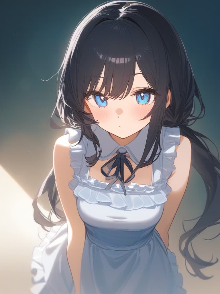  cute face focus,cute,black hair,light blue eyes,cute posing,frill onepiece,low twin tail