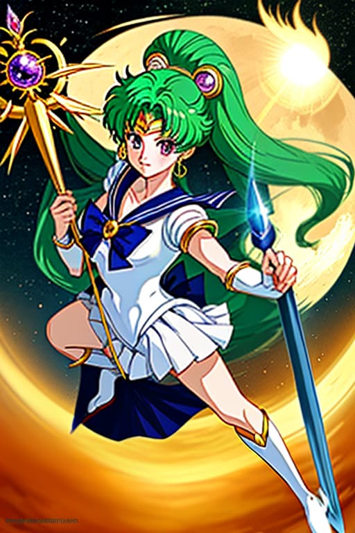  anime character sailor sun in the costume of a warrior and the staff of the sun, in the style of sailor moon