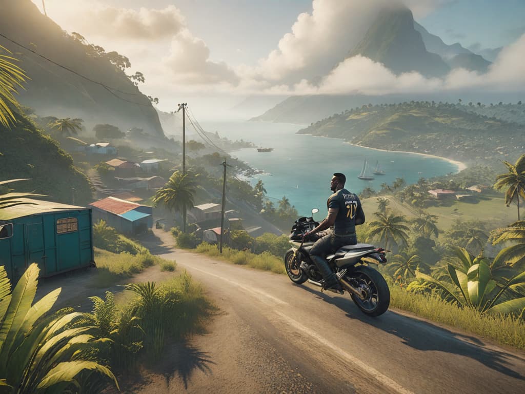  jamaican countryside, grand theft auto, by the bay, ((mystical)) hyperrealistic, full body, detailed clothing, highly detailed, cinematic lighting, stunningly beautiful, intricate, sharp focus, f/1. 8, 85mm, (centered image composition), (professionally color graded), ((bright soft diffused light)), volumetric fog, trending on instagram, trending on tumblr, HDR 4K, 8K