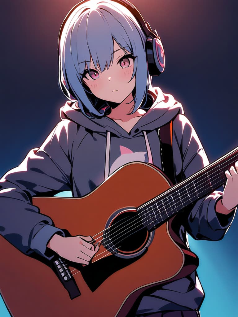  (pastel illustration:1.5)(beautiful girl:1.5)(bobbed hair:1.5)(wearing headphones🎧:1.7)(in a hoodie:1.5)(with a guitar:2.0)(happily playing guitar:2.0)masterpiece,high quality,16k