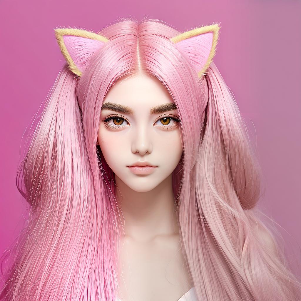  masterpiece, best quality, babes, bushy eyebrows, cat ears, pink, solid background, higher quality, bust, perfect face, delicate features, long hair