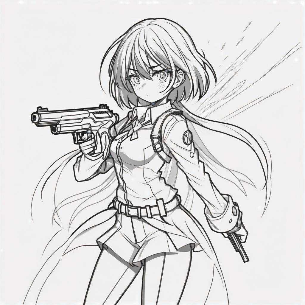  line art drawing trouble shooter girl, battle stance, same nightmare. anime style . professional, sleek, modern, minimalist, graphic, line art, vector graphics