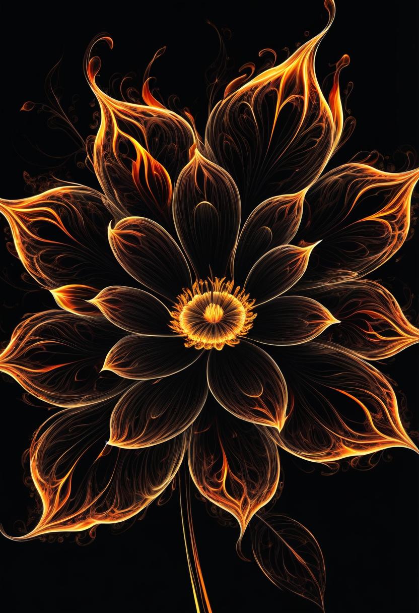  thin, fine fractal gloss vivid fire line ink sketch on the black background, (silhouette of flower:1.3), fire contours outlines, fire outline, fire flower in full height,