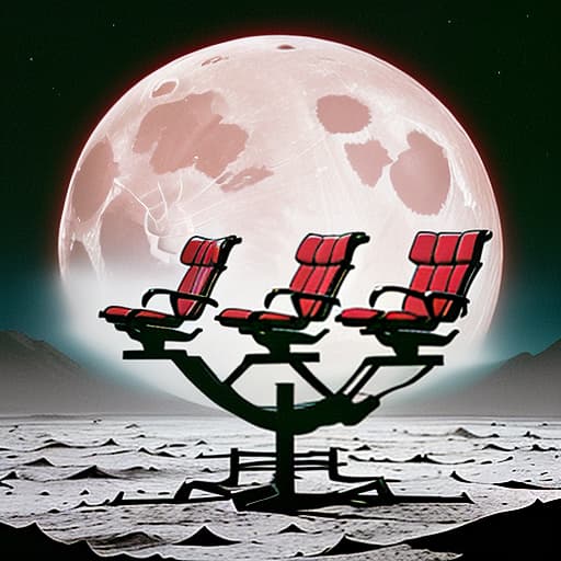  horizontally, 3 red chairs in zero gravity hover on the moon, with a colored image