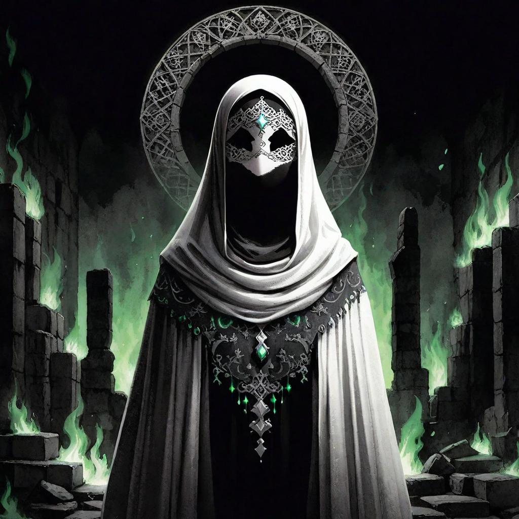  manga artwork feminine sillouete with a white garment and hijab, wearing a white mask, the background has stone ruins and green flames. rpg anime style . manga artist. manga, highly emotional. best quality, high resolution