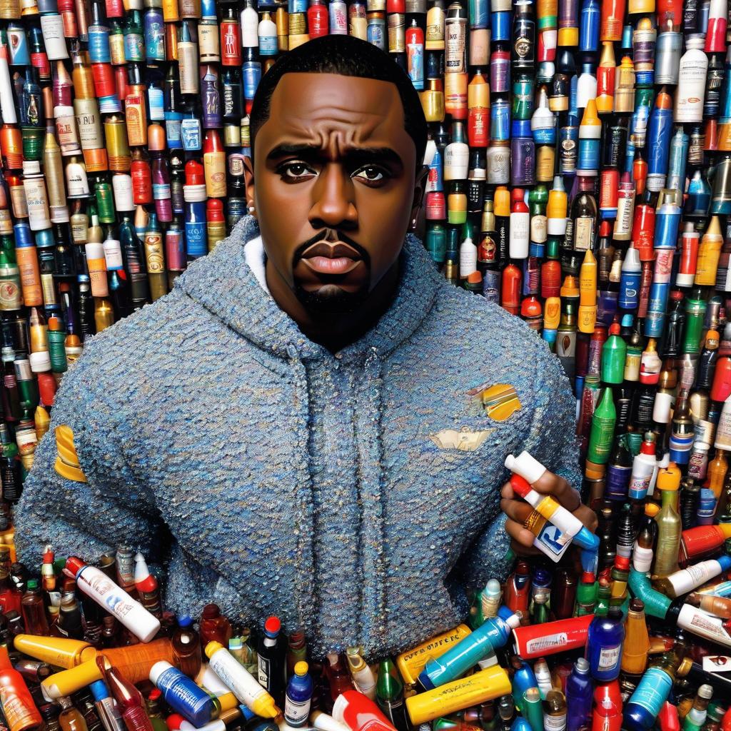  puff daddy surrounded by thousands of bottles of lubricant, with 700 dildos behind him on a wall., award winning, professional, highly detailed, masterpiece