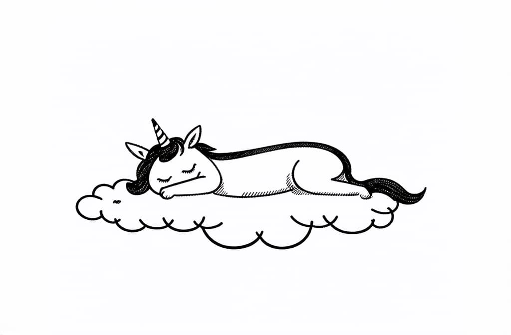  contour, very simple image in one unbroken black ink line, single line of unicorn sleeping on cloud ar 3:2 using a single continuous black line ink brushon white background, drawing should be created without lifting the pen, recognizable features of unicorn sleeping on cloud ar 3:2 in one unbroken line