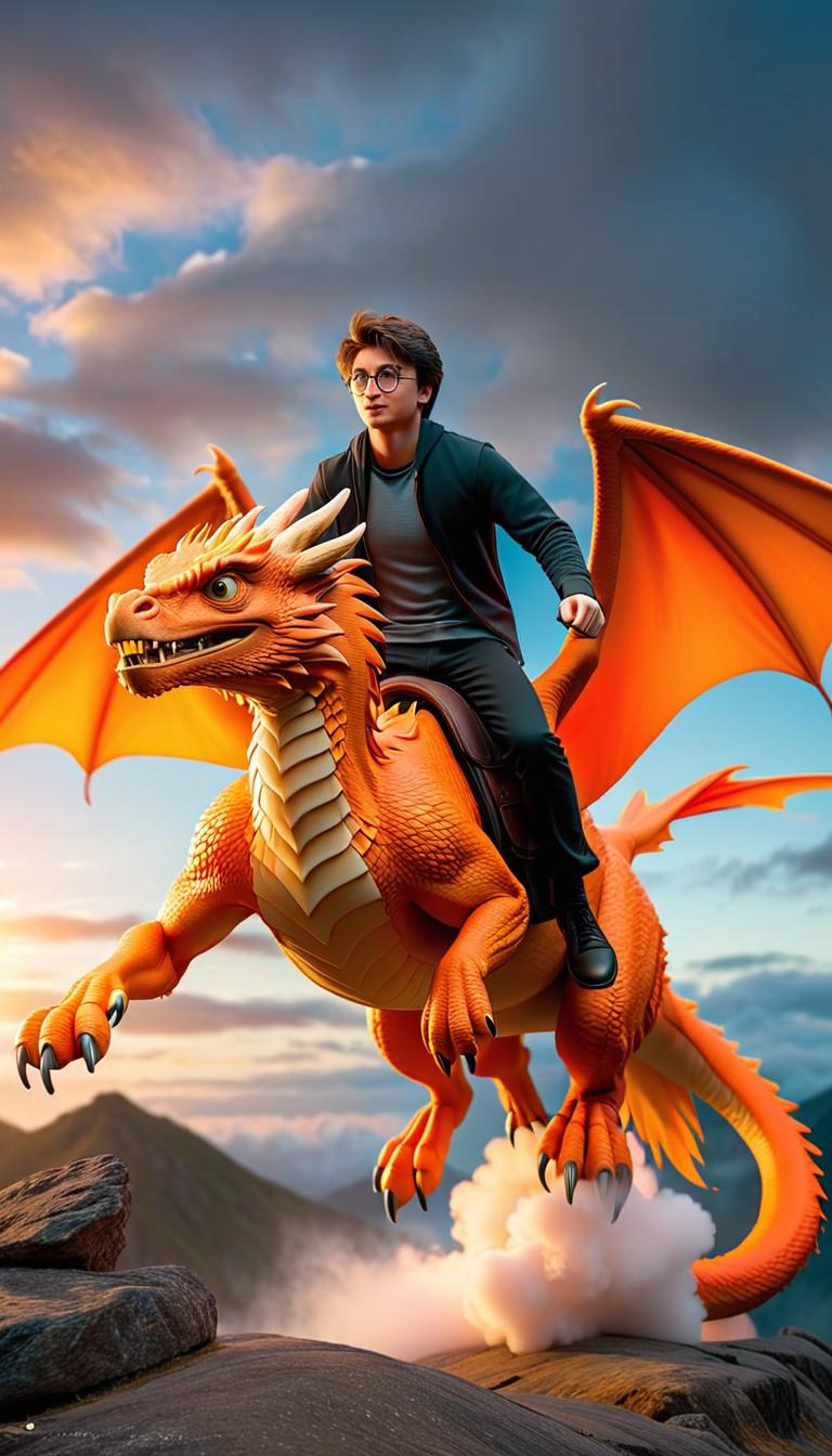  professional 3d model of harry potter riding on a beatyful sunset orange dragon flying throw a big fluffy cloud during the sunrise getting away from private drive . rendered with octane, the model is highly detailed,dramatic lighting. hyperrealistic, full body, detailed clothing, highly detailed, cinematic lighting, stunningly beautiful, intricate, sharp focus, f/1. 8, 85mm, (centered image composition), (professionally color graded), ((bright soft diffused light)), volumetric fog, trending on instagram, trending on tumblr, HDR 4K, 8K