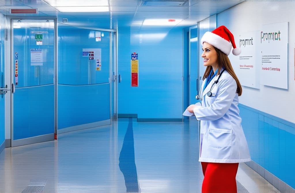  female doctor in santa hat in hospital corridor, space for text on right ar 3:2 {prompt}, maximum details