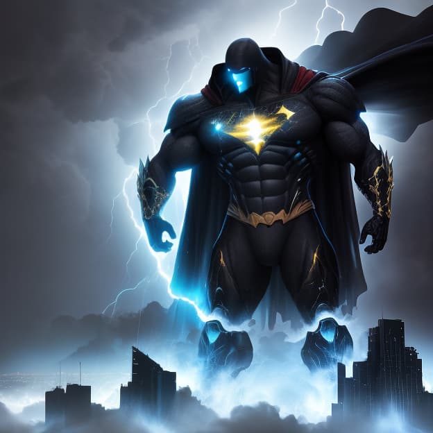  a highly detailed digital painting of superman standing heroically in a stormy night sky. the atmosphere is charged with dark, swirling clouds illuminated by flashes of lightning. superman wears his iconic costume with the 's' logo prominently displayed on his chest, which glows brightly against the dark background. his cape billows dramatically in the wind, and raindrops can be seen cascading around him, capturing the intensity of the storm. the city skyline is faintly visible in the background, emphasizing his larger than life presence. the color palette features deep blues, blacks, and flashes of white and yellow from the lightning, enhancing the mood of heroism and action.