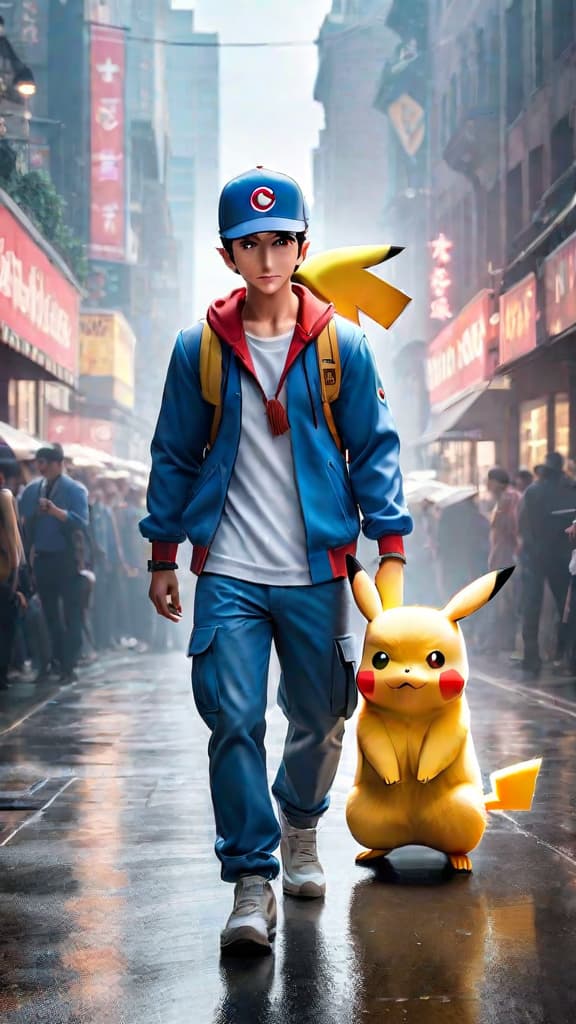  anime art of ash ketchum and pikachu from pokemon standing together facing the world with unwavering trust hyperrealistic, full body, detailed clothing, highly detailed, cinematic lighting, stunningly beautiful, intricate, sharp focus, f/1. 8, 85mm, (centered image composition), (professionally color graded), ((bright soft diffused light)), volumetric fog, trending on instagram, trending on tumblr, HDR 4K, 8K