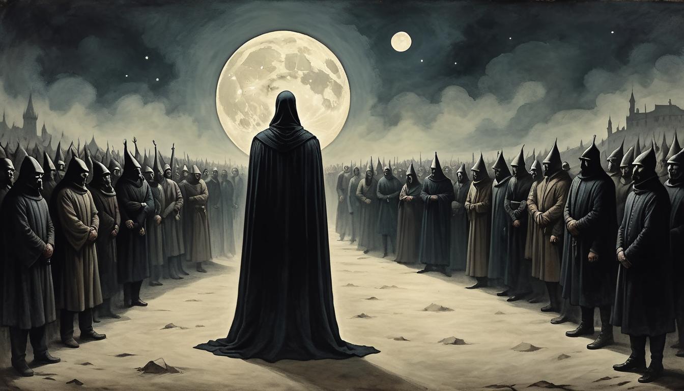  on parchment, surrealism+++, a dark, imposing figure, engulfed in shadows, standing amidst a crowd of faceless, blurred people, luminous moon behind, symbolizing misunderstood strength, villainous grace(mysterious, provocative, symbolic,muted color)+++