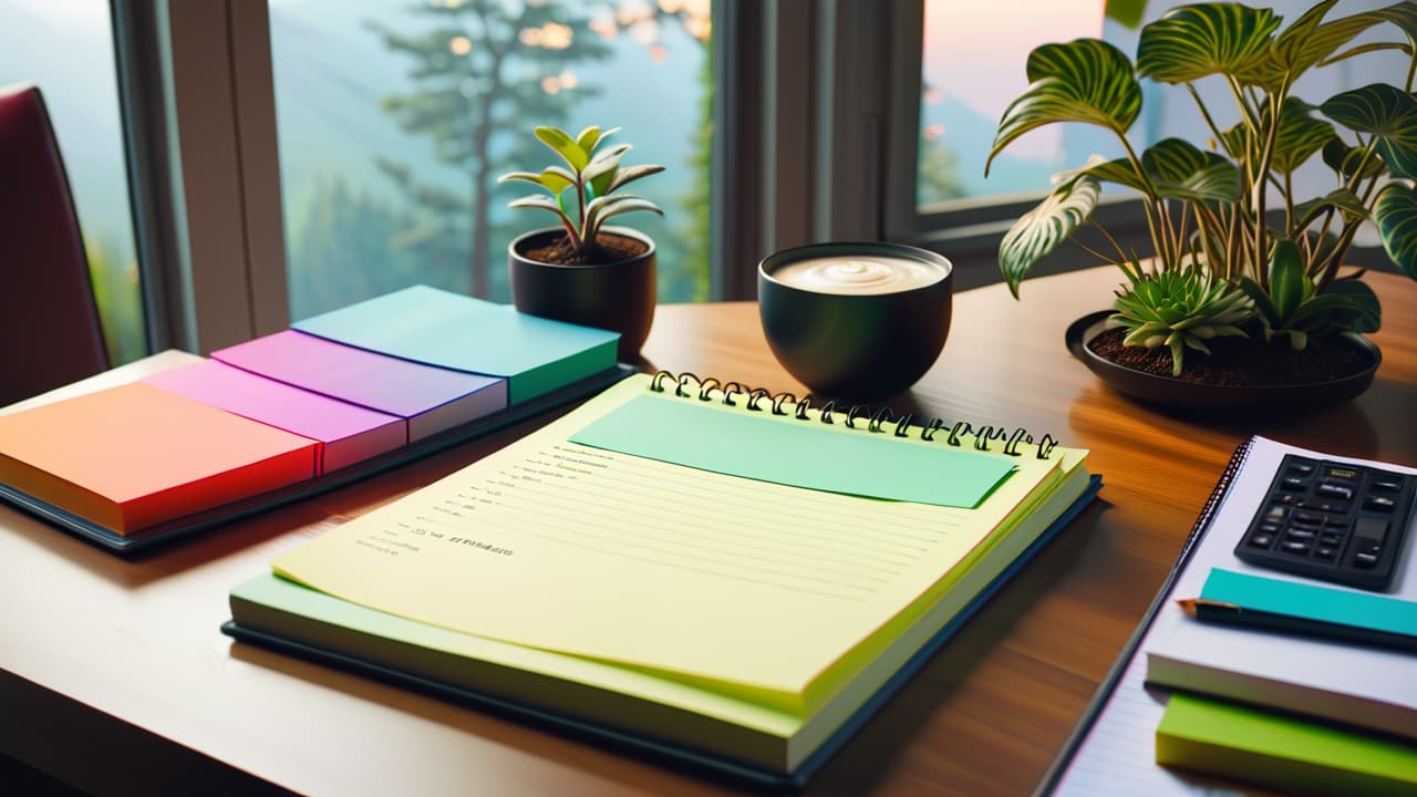  a serene workspace featuring a notepad with a checklist, colorful sticky notes, a vision board adorned with images of dreams, a clock symbolizing time management, and a plant representing growth and progress. hyperrealistic, full body, detailed clothing, highly detailed, cinematic lighting, stunningly beautiful, intricate, sharp focus, f/1. 8, 85mm, (centered image composition), (professionally color graded), ((bright soft diffused light)), volumetric fog, trending on instagram, trending on tumblr, HDR 4K, 8K