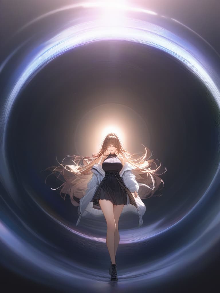  a girl laughing at me, bright brown hair, long hair, transparent ephemeral, black sleeveless dress, white cardigan, whole body facing in front, laughing, laughing, starry sky under the whole body, facing here, masterpiece, best quality,8k,ultra detailed,high resolution,an extremely delicate and beautiful,hyper detail hyperrealistic, full body, detailed clothing, highly detailed, cinematic lighting, stunningly beautiful, intricate, sharp focus, f/1. 8, 85mm, (centered image composition), (professionally color graded), ((bright soft diffused light)), volumetric fog, trending on instagram, trending on tumblr, HDR 4K, 8K