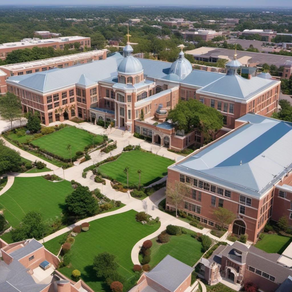  aerial view of a wealthy high school with outdoor courtyard and multi level arches with a grand entrance curb appeal , mystical style