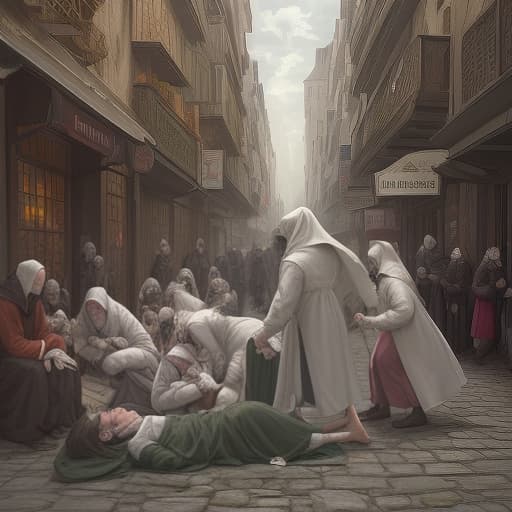  a plague is raging in a medieval city. the population of the city is seriously ill. many people are unable to walk home. doctors, in anti plague suits, together with priests, are trying to help the sick, but many people, in mournful poses, remain lying on the street. heavenly angels came to the aid of the infected city, easing the suffering of the sick., cute , furry , expressive , by seth casteel , carli davidson , rachael hale mckenna, kaylee greer, sophie gamand