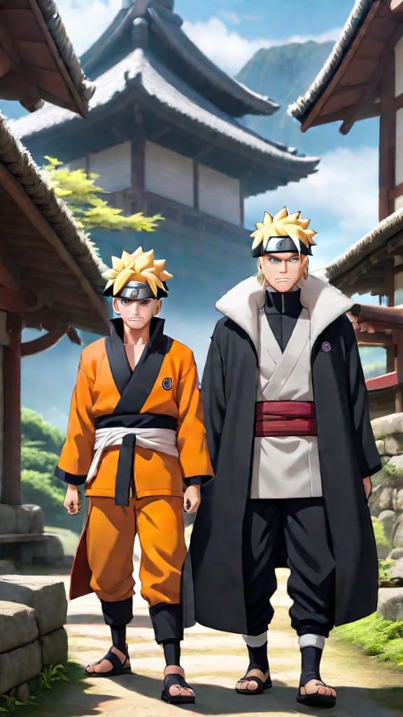  anime art boruto and jiraiya (naruto) talking in hidden leaf village, serious expressions, time travel discussion hyperrealistic, full body, detailed clothing, highly detailed, cinematic lighting, stunningly beautiful, intricate, sharp focus, f/1. 8, 85mm, (centered image composition), (professionally color graded), ((bright soft diffused light)), volumetric fog, trending on instagram, trending on tumblr, HDR 4K, 8K