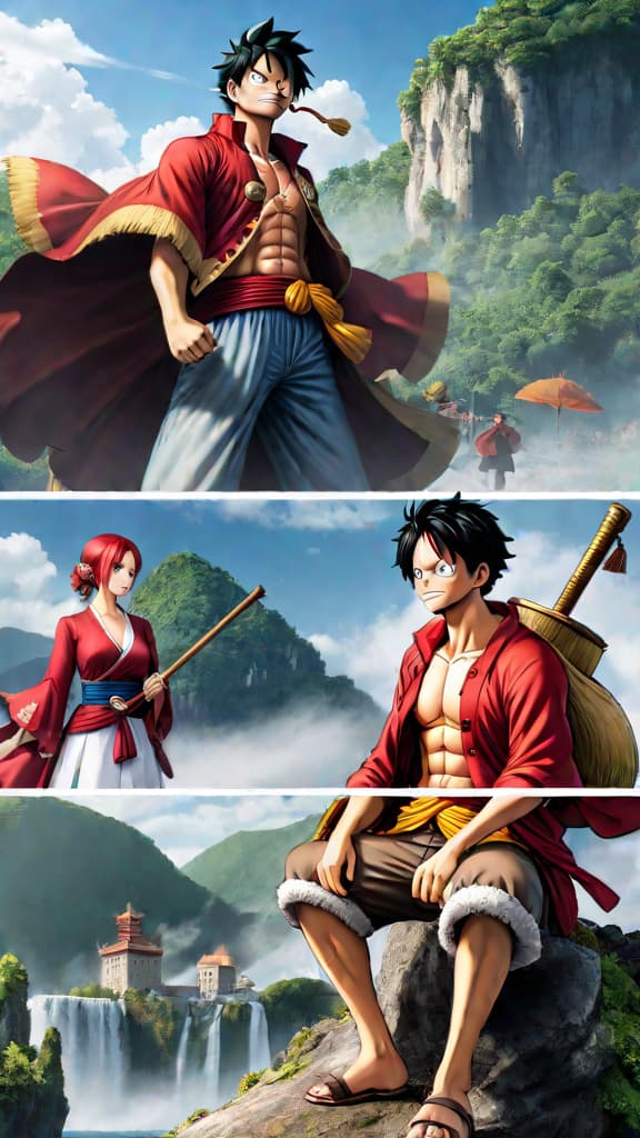  anime art: luffy, inspired by shanks, embodies leadership through loyalty, courage, and unbreakable will. hyperrealistic, full body, detailed clothing, highly detailed, cinematic lighting, stunningly beautiful, intricate, sharp focus, f/1. 8, 85mm, (centered image composition), (professionally color graded), ((bright soft diffused light)), volumetric fog, trending on instagram, trending on tumblr, HDR 4K, 8K