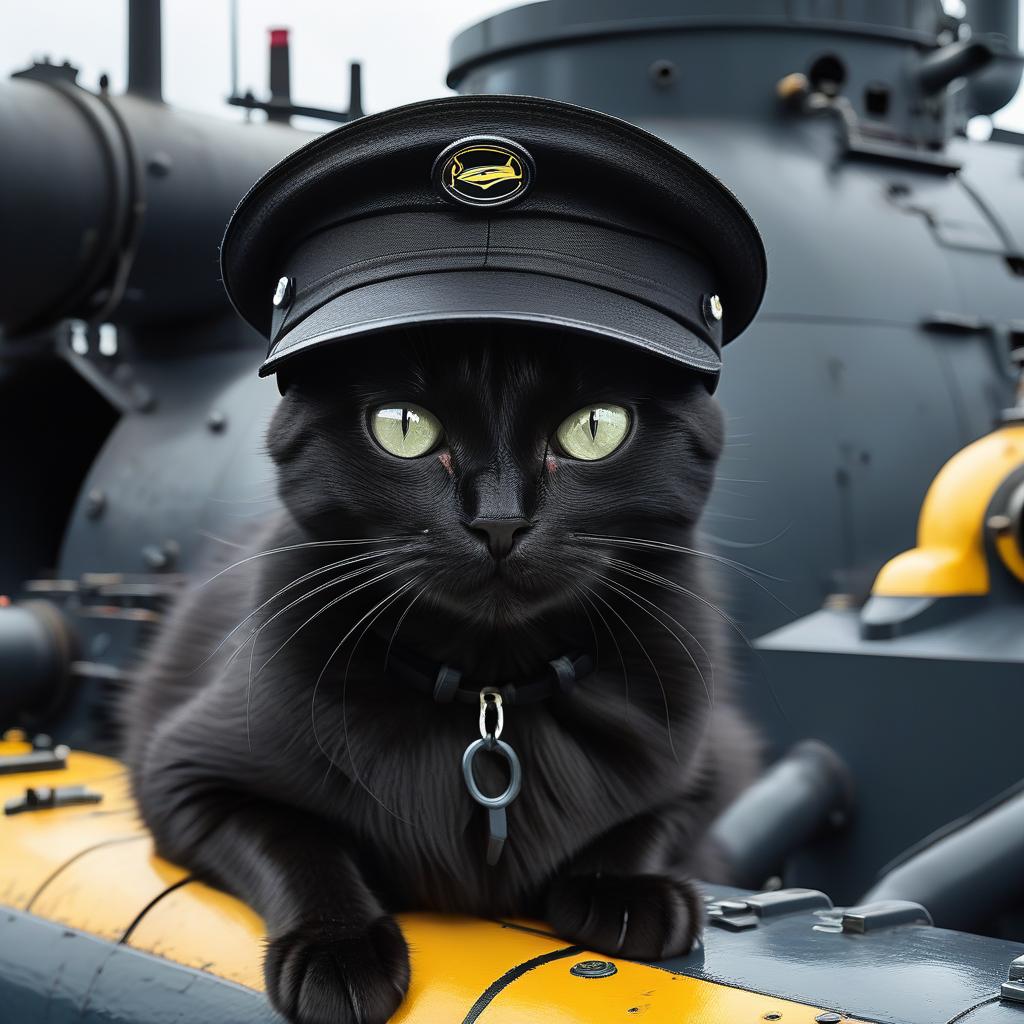  black cat in a black cap on a submarine