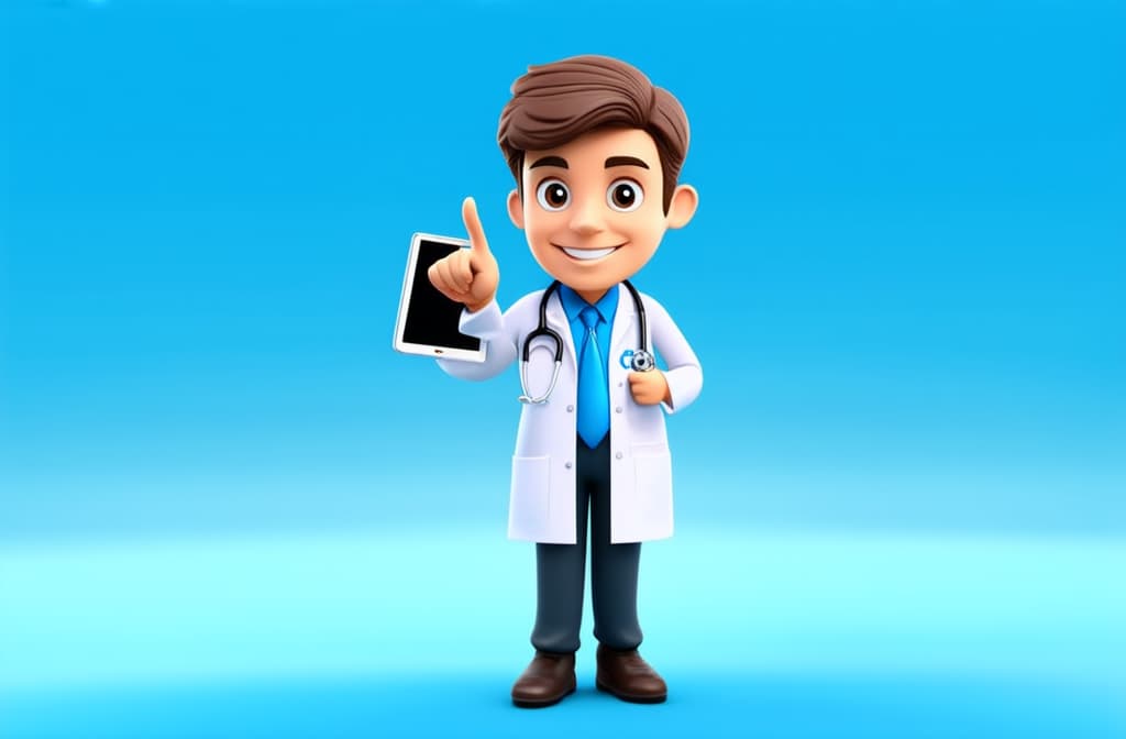  artwork 3d render, doctor cartoon character standing with finger pointing up holding tablet. friendly professional therapist. medical idea clip art isolated on blue background ar 3:2, watercolor techniques, featuring fluid colors, subtle gradients, transparency associated with watercolor art