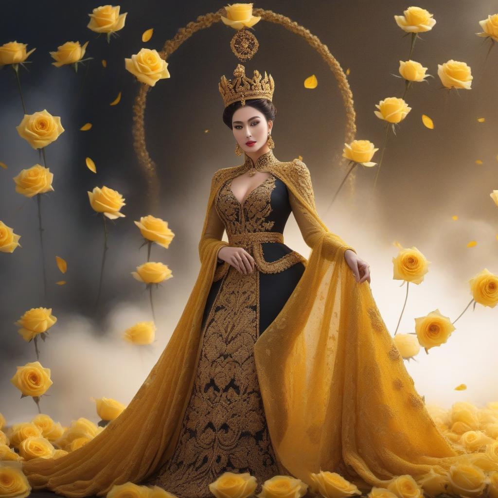  Knitted wool king, yellow roses, gold brocade background, realistic color photo hyperrealistic, full body, detailed clothing, highly detailed, cinematic lighting, stunningly beautiful, intricate, sharp focus, f/1. 8, 85mm, (centered image composition), (professionally color graded), ((bright soft diffused light)), volumetric fog, trending on instagram, trending on tumblr, HDR 4K, 8K