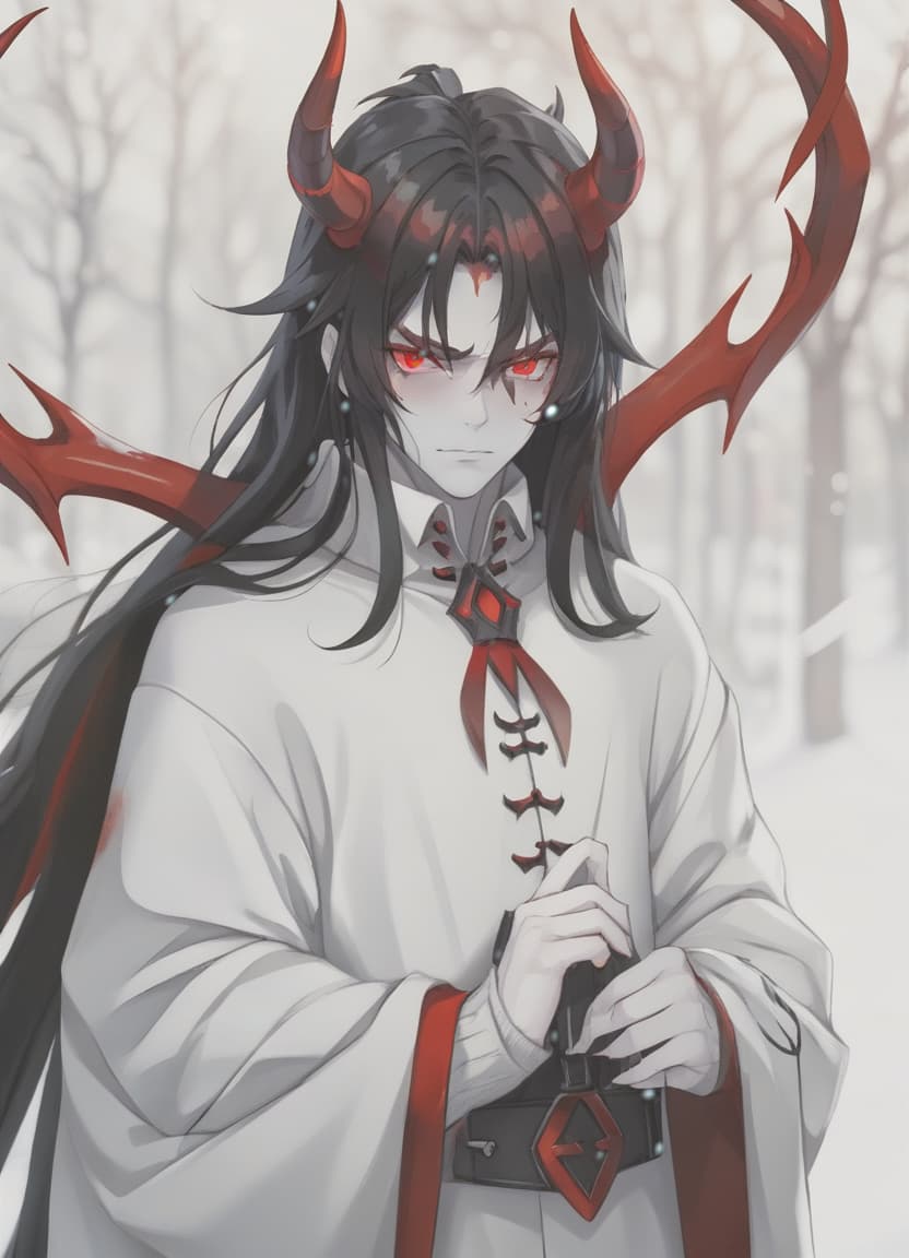  cinematic photo man demon, red horns, red eyes, black long hair, winter clothes . 35mm photograph, film, bokeh, professional, 4k, highly detailed