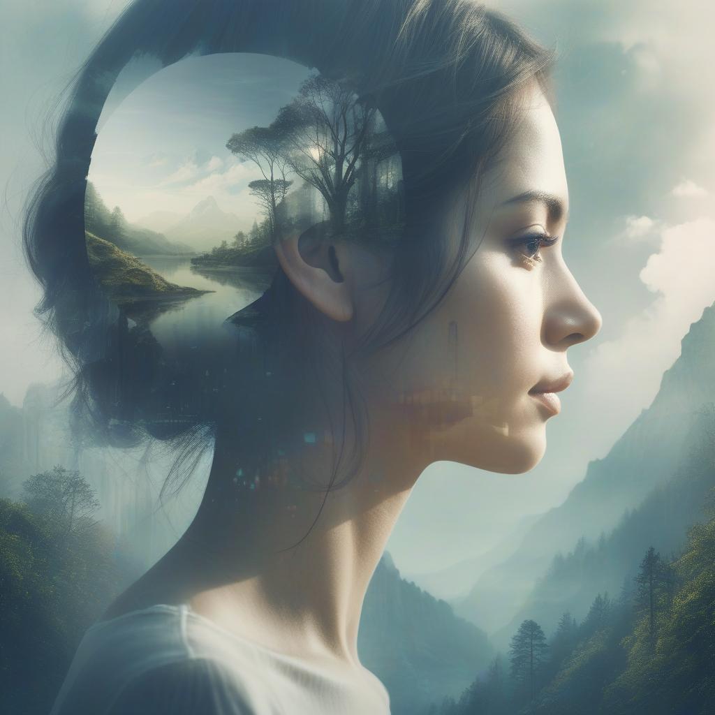  double exposure double exposure portrait beautiful side profile face with double exposed background fantasy environment epic surroundings idillic setting calm ai art