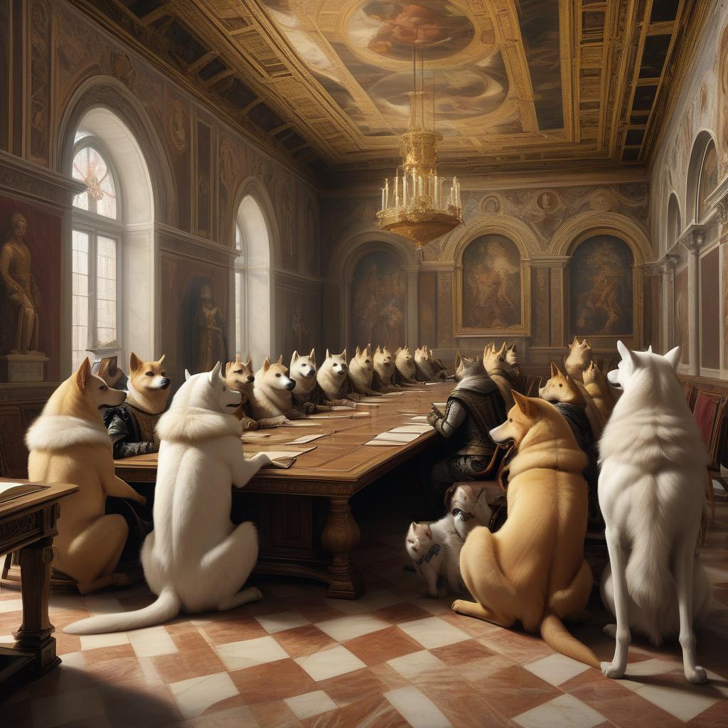  renaissance style council of the doges of venice in the meeting room of the renaissance, furry griffins, council of the doges of venice, admirals . realistic, perspective, light and shadow, religious or mythological themes, highly detailed