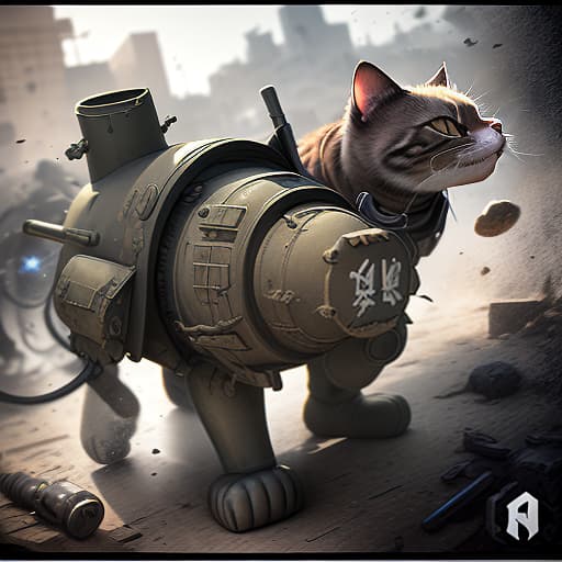  (1) strict cat 2) there should be a torn tank gun in one hand. (3) in the other hand, a circular logo named “nytro”, (intricate details:0.9), (hdr, hyperdetailed:1.2)