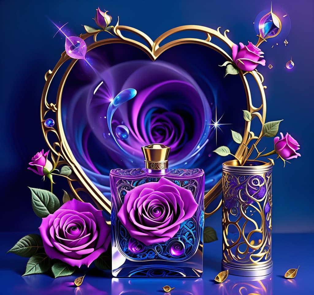  dreamscape ultra detailed digital image with double exposure. elegant single transparent (unusual) perfume bottle (diamond shaped: 1.4), heliotrope colours:: inside (bright purple liquid: 1.8), large bright rose, (blue: 1.3) misty fractal swirls, silver and (silver: 1,4) accents. (blue jets and splashes of liquid), plasticity. decorativeness. mesmerising. background black, complex ornamentation, surreal abstractionism, with textured neon blue and gold veins intertwining in an unusual whimsical pattern. juicy heliotrope coloured roses. bright blue accents. neon blue sparks, mystical glow. unreal, fantastic. lots of highlights, contrasting elements. superfine details. stylistics: art nouveau. abstraction. surrealistic idea. in the manner o