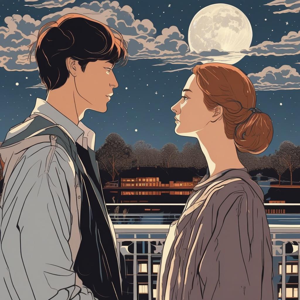  A short-haired young man and a long-haired young woman stand side by side on the terrace watching the moon