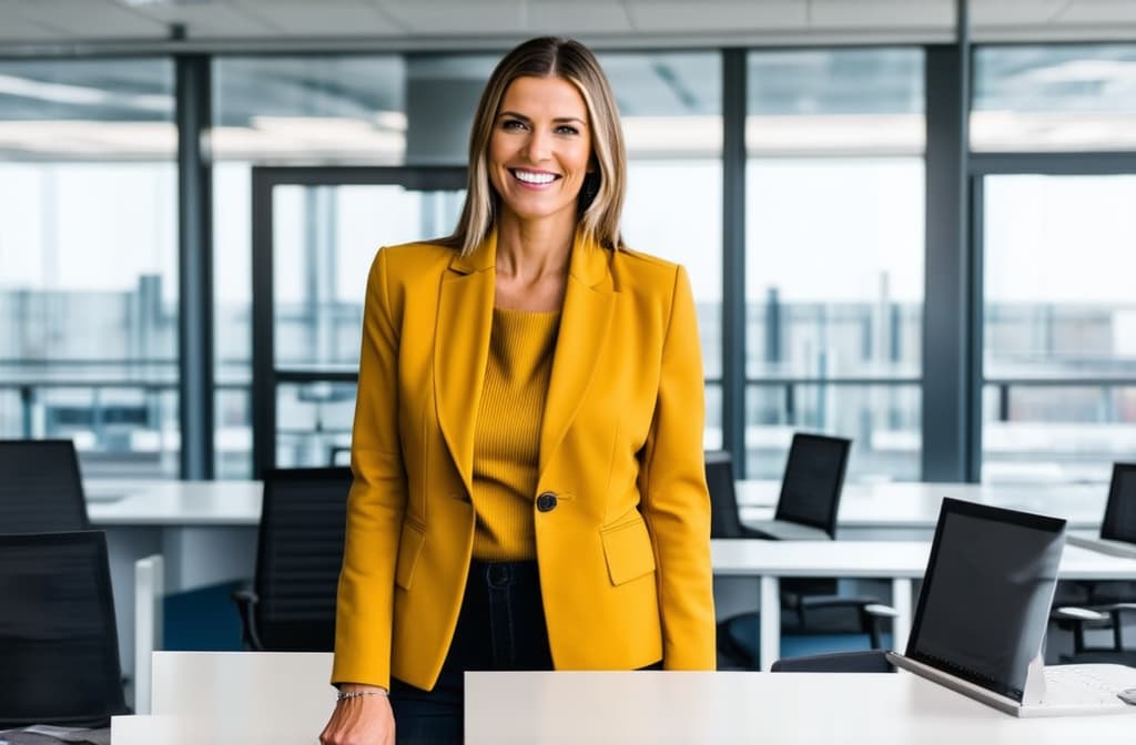  professional detailed photography, portrait of smiling businesswoman in mustard colored jacket standing in open plan office. happy female professional executive manager, financial banking or marketing data. ar 3:2, (muted colors, dim colors, soothing tones), (vsco:0.3)