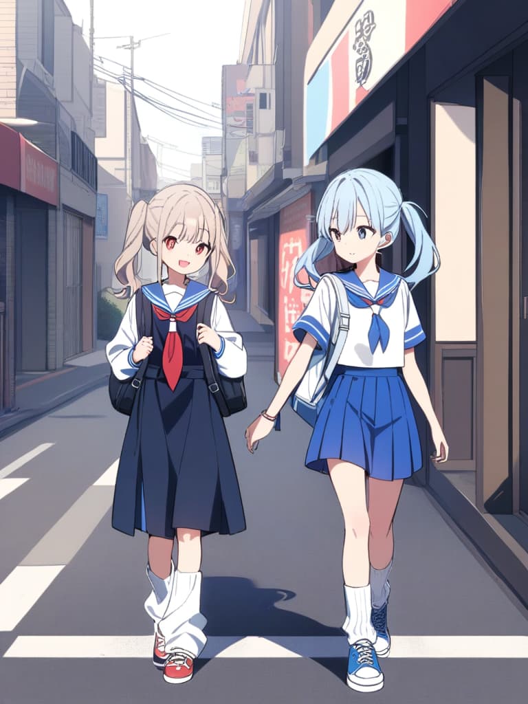  women's junior high students, uniforms, sailor uniforms, mini s, light blue hair twin tails, cute smiles, backpacks, ultra long loose socks, bottom sneakers, whole body, streets (detour),