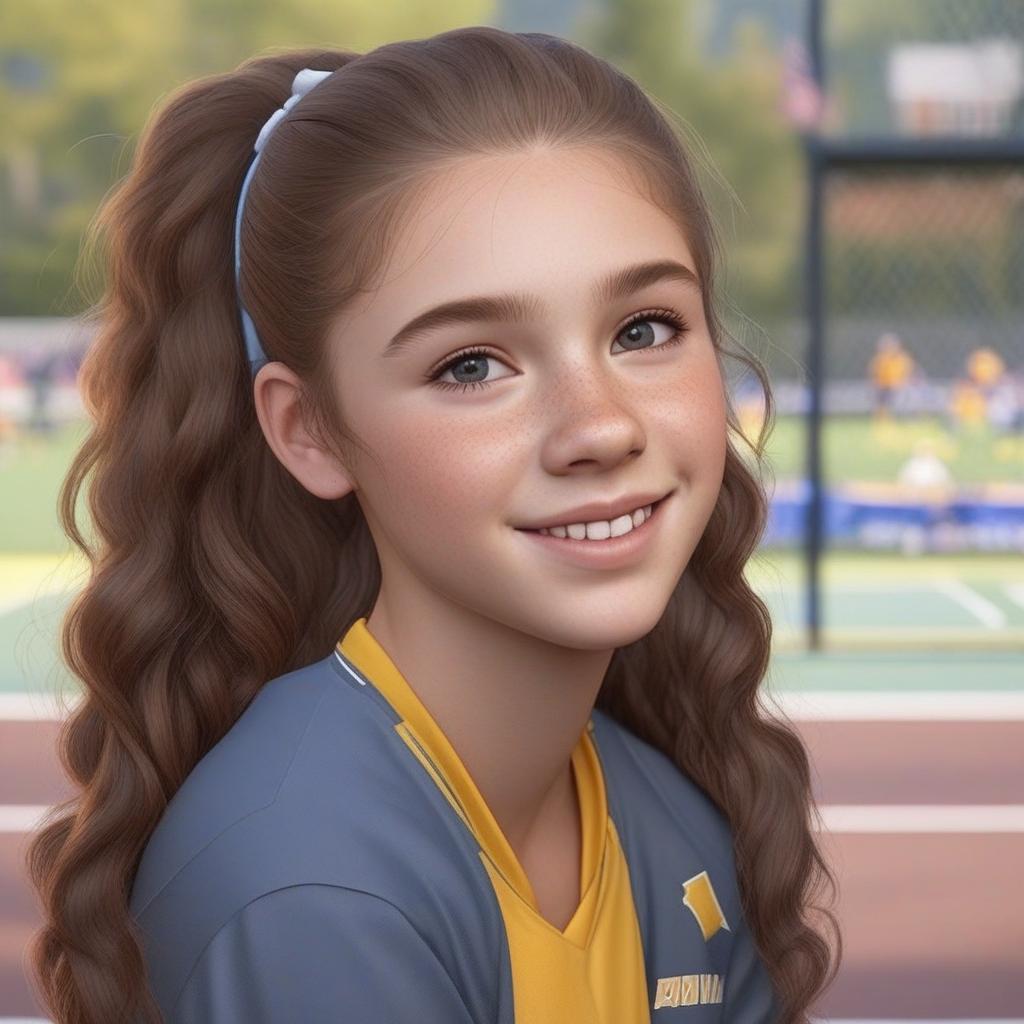  masterpiece, best quality,Please make my older sister. She is 20 and in college. Brown hair and brown eyes. She’s pale skinned and kind of athletic. She plays softball and field hockey. She’s white and cute.,