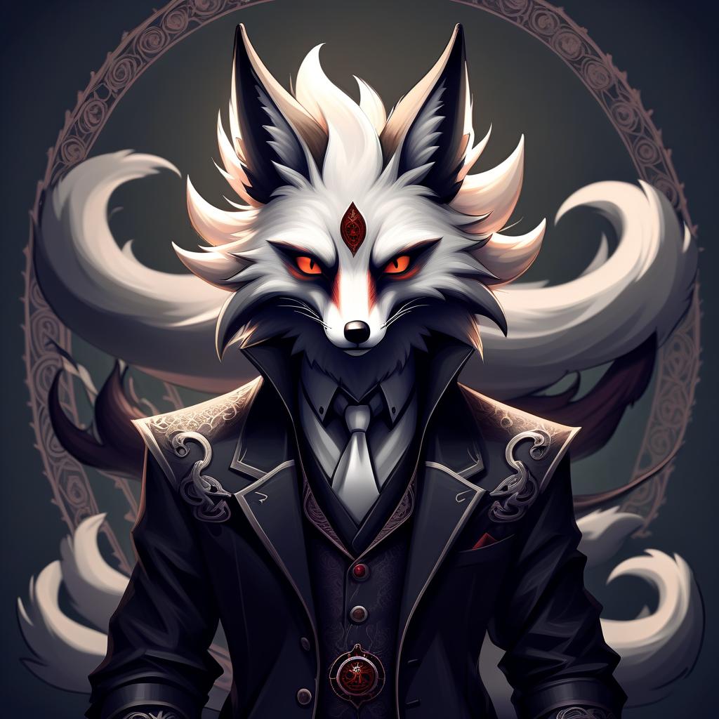  macabre style draw an anthropomorphic nine tailed fox . dark, gothic, grim, haunting, highly detailed