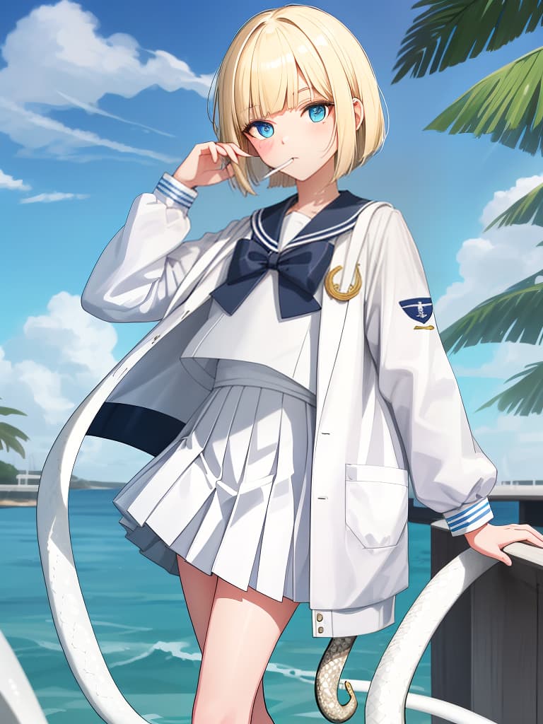  a who smokes cigarettes, white sailor uniforms, white pleated s, whole body, black loafers, blue eyes, blonde bob hair, summer sailor, souvenir jacket, snake tattoo, standing out, white, white, white. sailor suit, , green jacket, red headphones, masterpiece, best quality,8k,ultra detailed,high resolution,an extremely delicate and beautiful,hyper detail