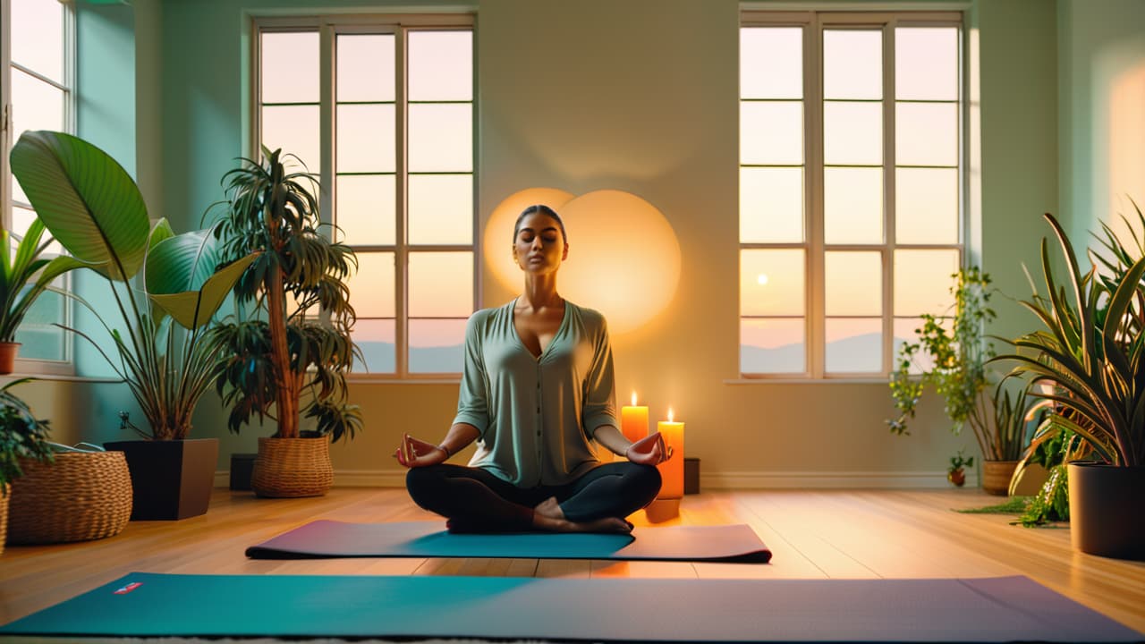  a serene sunrise illuminating a peaceful bedroom, with a person meditating on a soft yoga mat, surrounded by indoor plants and a lit candle, creating a tranquil atmosphere for morning mindfulness and reflection. hyperrealistic, full body, detailed clothing, highly detailed, cinematic lighting, stunningly beautiful, intricate, sharp focus, f/1. 8, 85mm, (centered image composition), (professionally color graded), ((bright soft diffused light)), volumetric fog, trending on instagram, trending on tumblr, HDR 4K, 8K