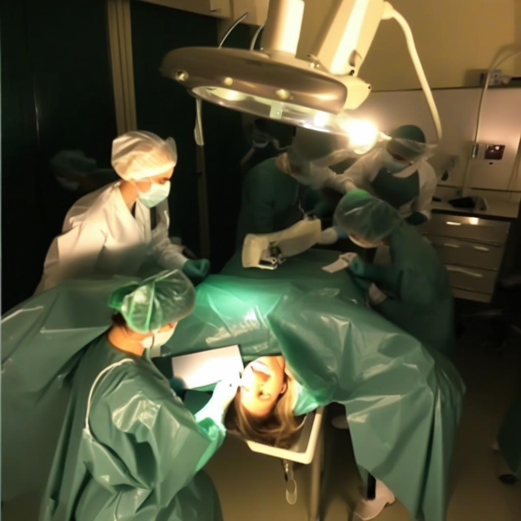  women surgeons mistresses, dressing glossy latex dark green, surgical operation, up ceiling mounted surgical light, down table with surgical instruments