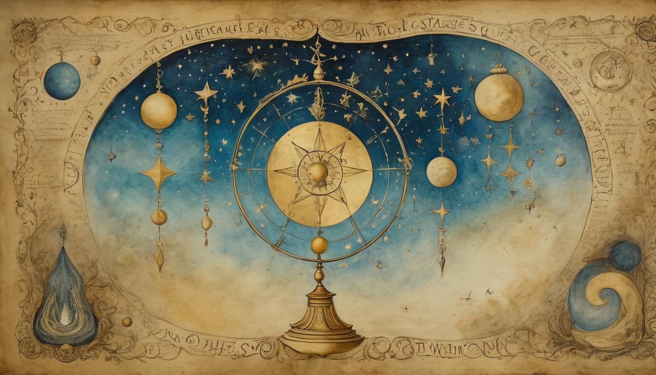  on parchment, surrealism++, celestial balance with golden scales, universe as backdrop, stars twinkling, delicate balance, ethereal radiance(mysterious, provocative, symbolic)++