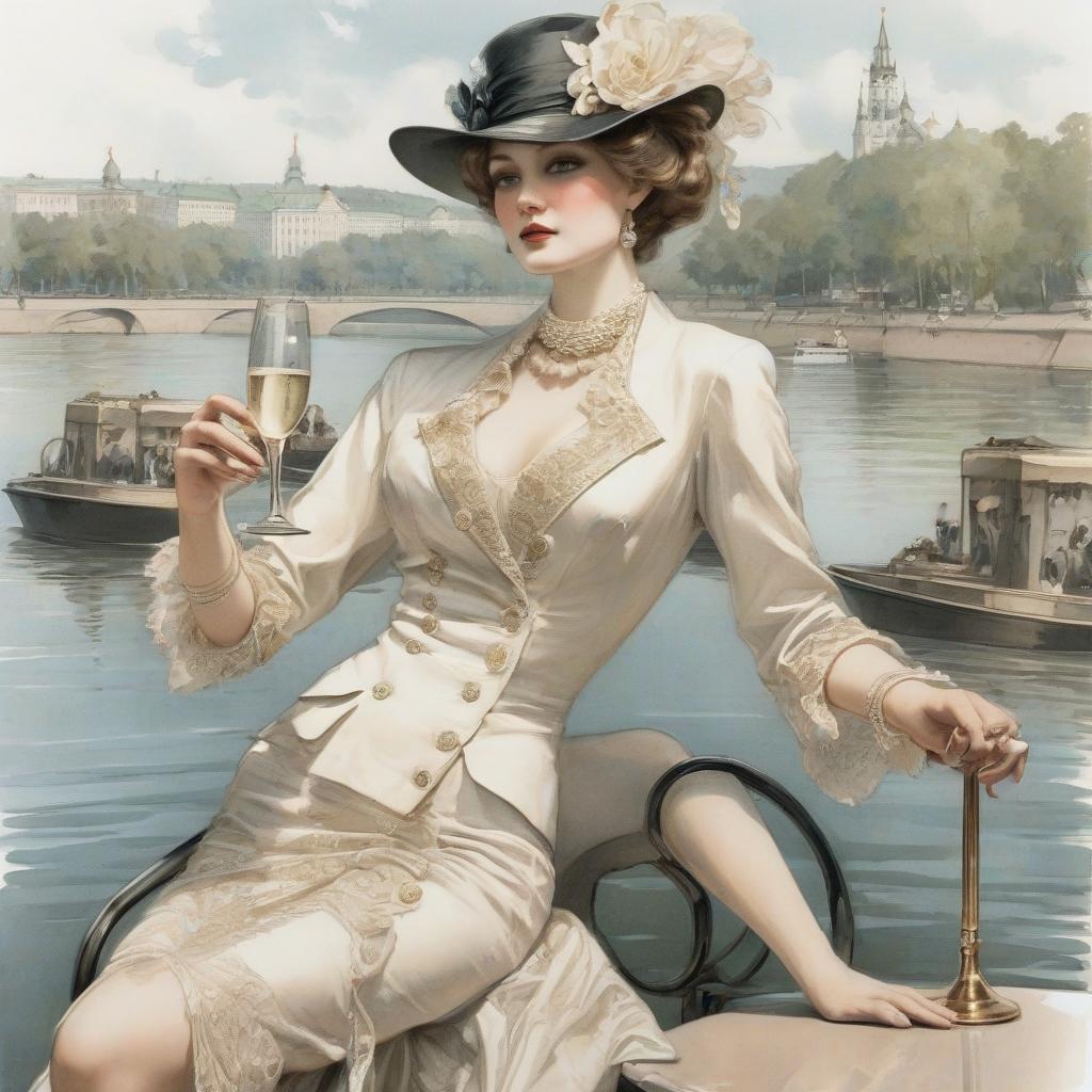  fashion editorial style 19th century. russia. the river bank. open champagne and a glass on the background of the river. harrison fisher, pencil drawing on paper, intricate details. . high fashion, trendy, stylish, editorial, magazine style, professional, highly detailed