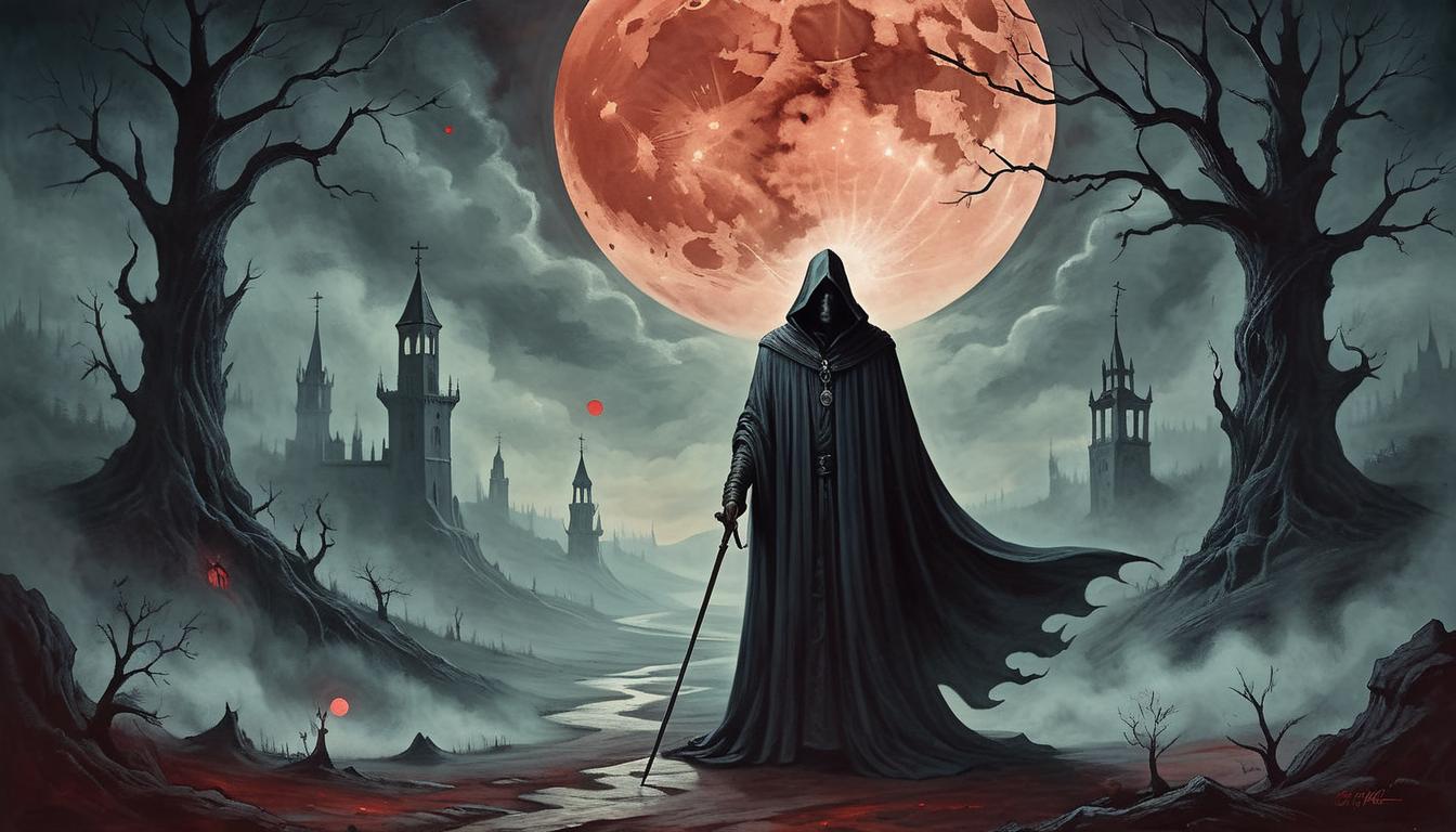  on parchment, surrealism+++, a towering figure, cloaked in shadows, standing at a crossroads under a blood moon, haunted, ethereal glow, signifying powerful choice, sovereignty, self determined path(mysterious, provocative, symbolic,muted color)+++