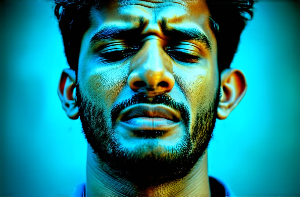  young sad indian man crying with tears streaming down his cheeks. emotional breakdown, closed eyes and closed mouth ar 3:2, (natural skin texture), highly detailed face, depth of field, hyperrealism, soft light, muted colors