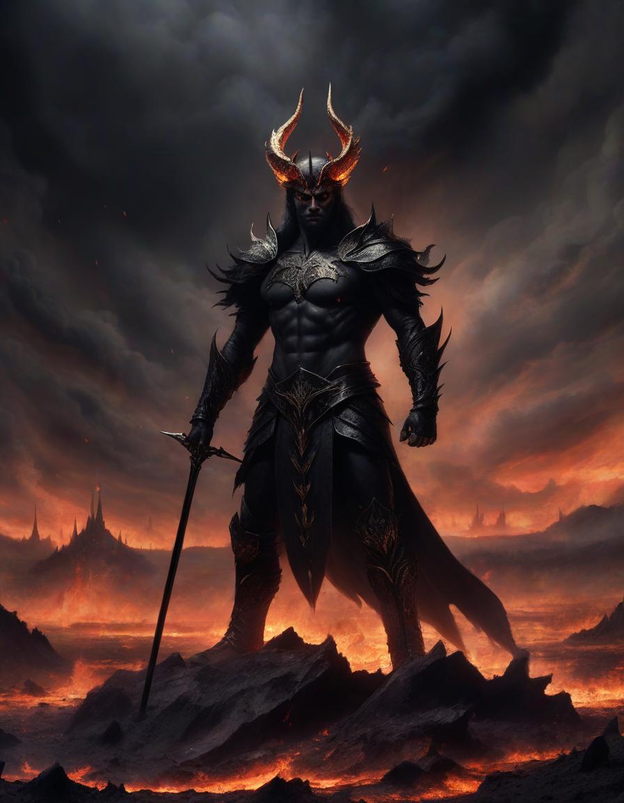  lucifer in black armor in a black crown with black obsidian eyes, he has a broken spear in his hands, he cries with fire, he stands on a rock in the middle of an ash wasteland and looks into the fiery sky.