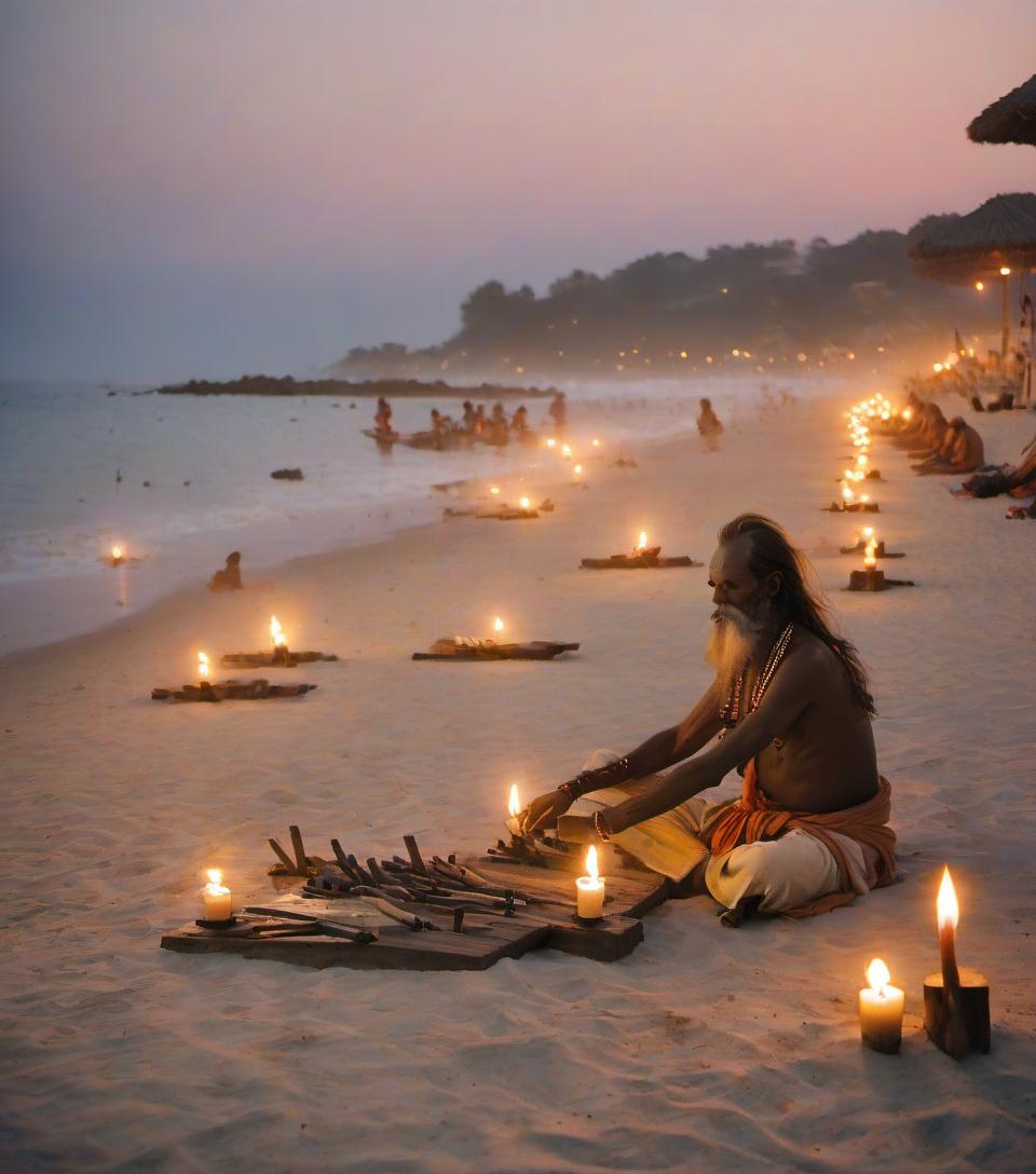  middle plan, on the beach on the sand, there are several boards of sadhu (for nails), next to the smoke of bragovonia and beautiful candles burn, against the background of the sea with a beautiful sunset, but this background has a cinematic blur, film photography style