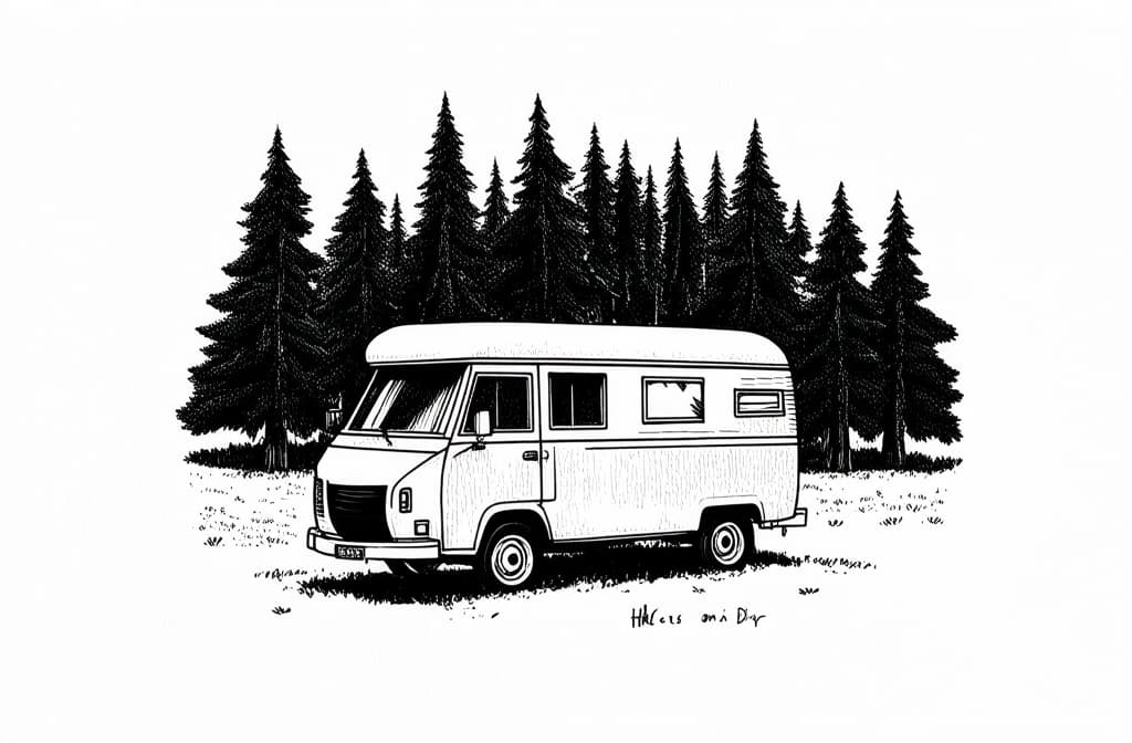  contour, very simple image in one unbroken black ink line, single line of camping van at forest, engraving black and white illustration on white background ar 3:2 using a single continuous black line ink brushon white background, drawing should be created without lifting the pen, recognizable features of camping van at forest, engraving black and white illustration on white background ar 3:2 in one unbroken line