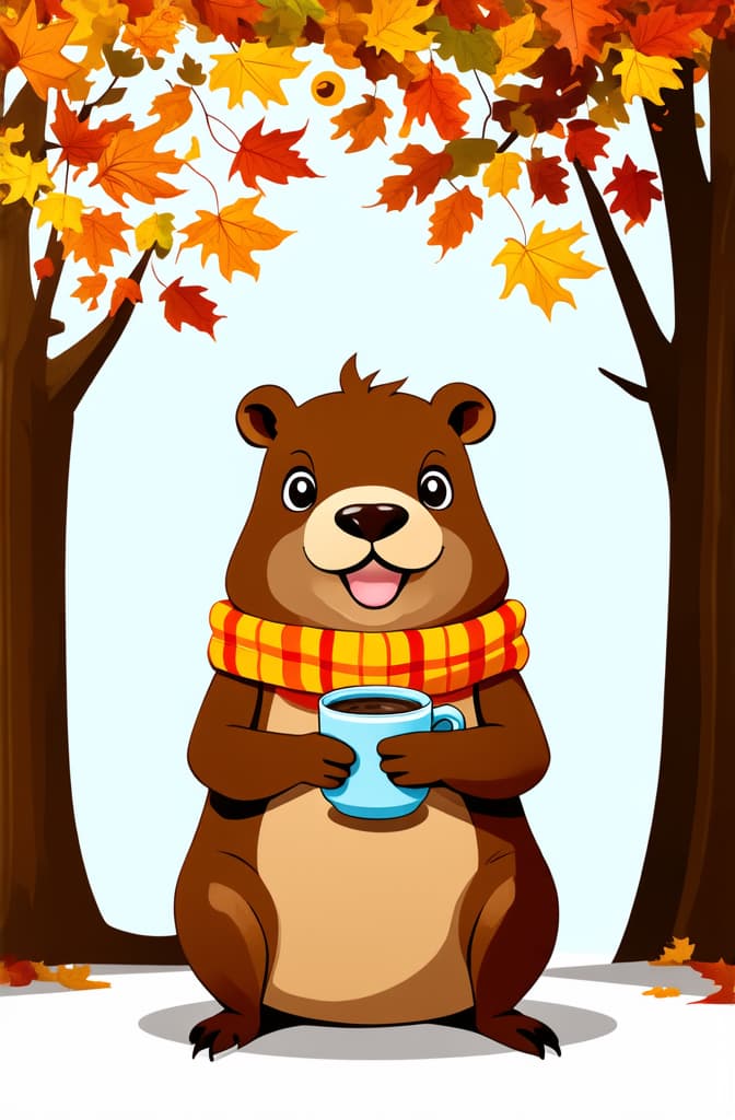  flat illustration, flaticon, (illustration:1.15), capybara cartoon cute capybara holding a cup of hot coffee. funny capybara wearing a scarf and autumn leaves falling from above ar 2:3, [cory loftis, strobist, pascal campion :: 0.2]