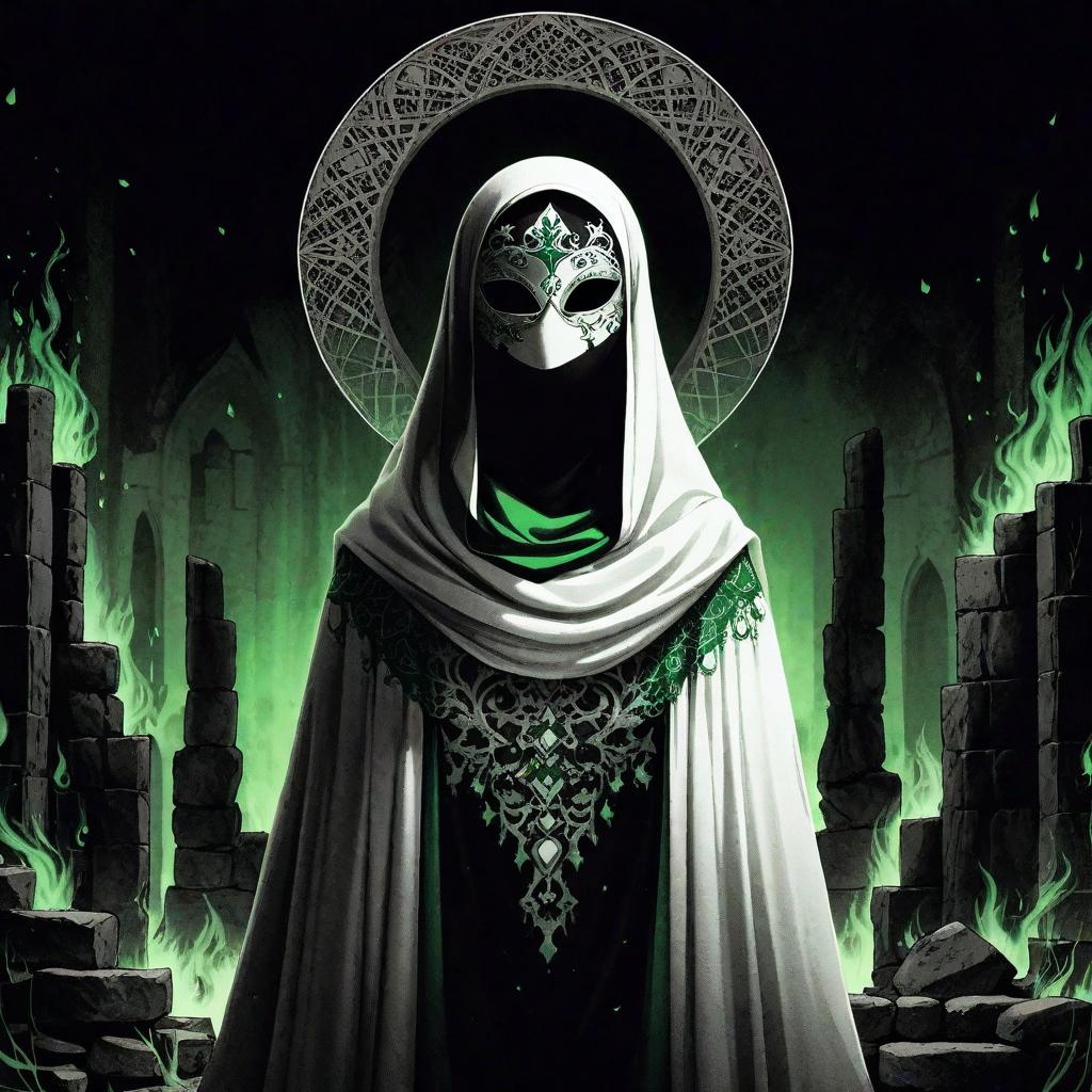  manga artwork feminine sillouete with a white garment and hijab, wearing a white mask, the background has stone ruins and green flames. rpg anime style . manga artist. manga, highly emotional. best quality, high resolution