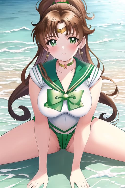  young women,laying on ground,lifting her feet,(sailor jupiter:1.3), (masterpiece), (highest quality), (intricate), (high detail),girl at beach, an extremely detailed illustration of a cute beautiful women on the sea beach, detailed water, masterpiece, best quality, high quality, solo